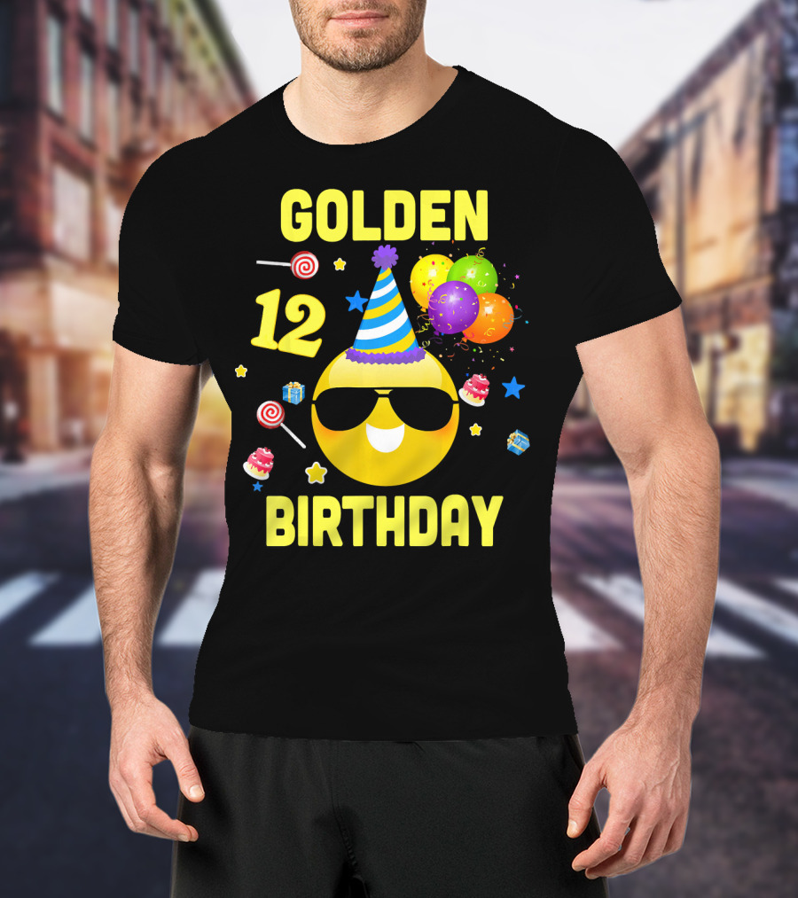 Golden Birthday 12 Emoji Party Hat Sunglasses Balloons Confetti T-Shirt