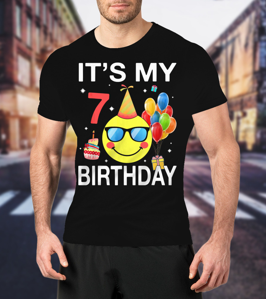 IT'S MY 7 BIRTHDAY Emoji Party Hat Sunglasses Balloons Cake T-Shirt