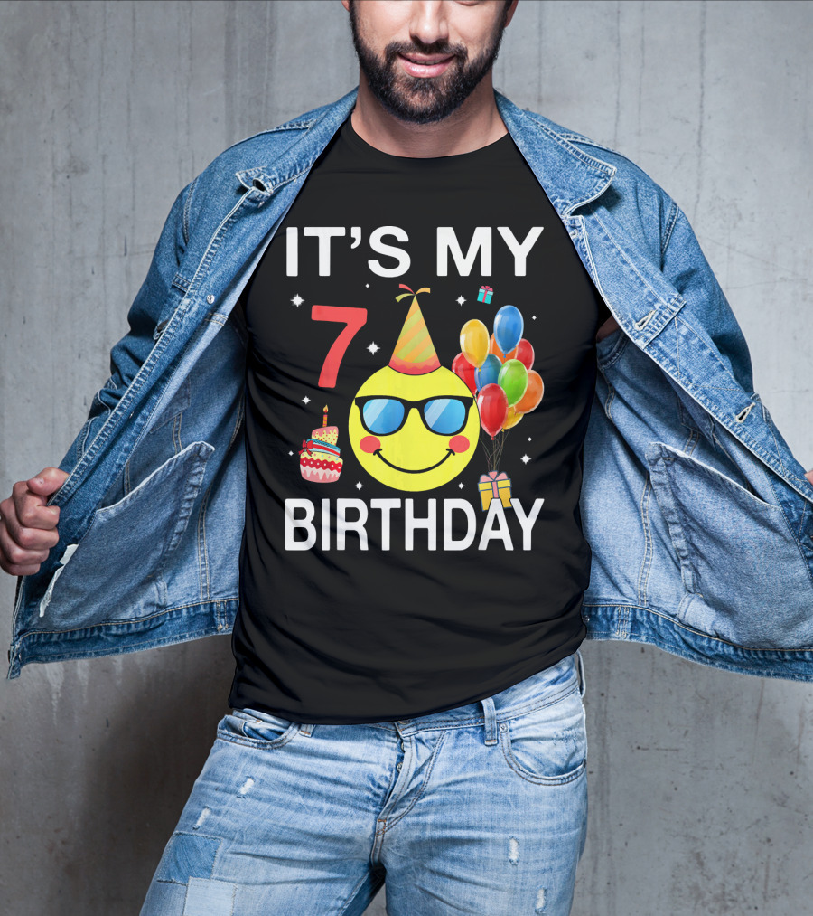 IT'S MY 7 BIRTHDAY Emoji Party Hat Sunglasses Balloons Cake T-Shirt