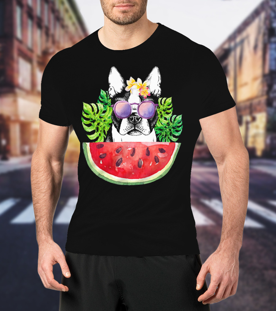 Funny Boston Terrier Love Summer Watermelon Sunglasses Tropical Vibes T-Shirt
