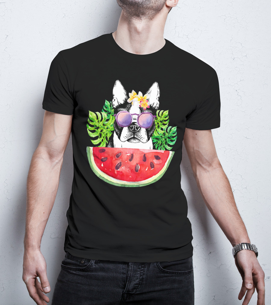 Funny Boston Terrier Love Summer Watermelon Sunglasses Tropical Vibes T-Shirt