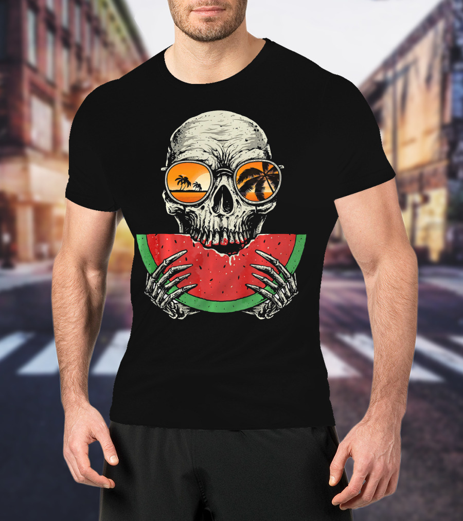 Watermelon Skull Wearing Summer Glasses With Beach Reflections T-Shirt