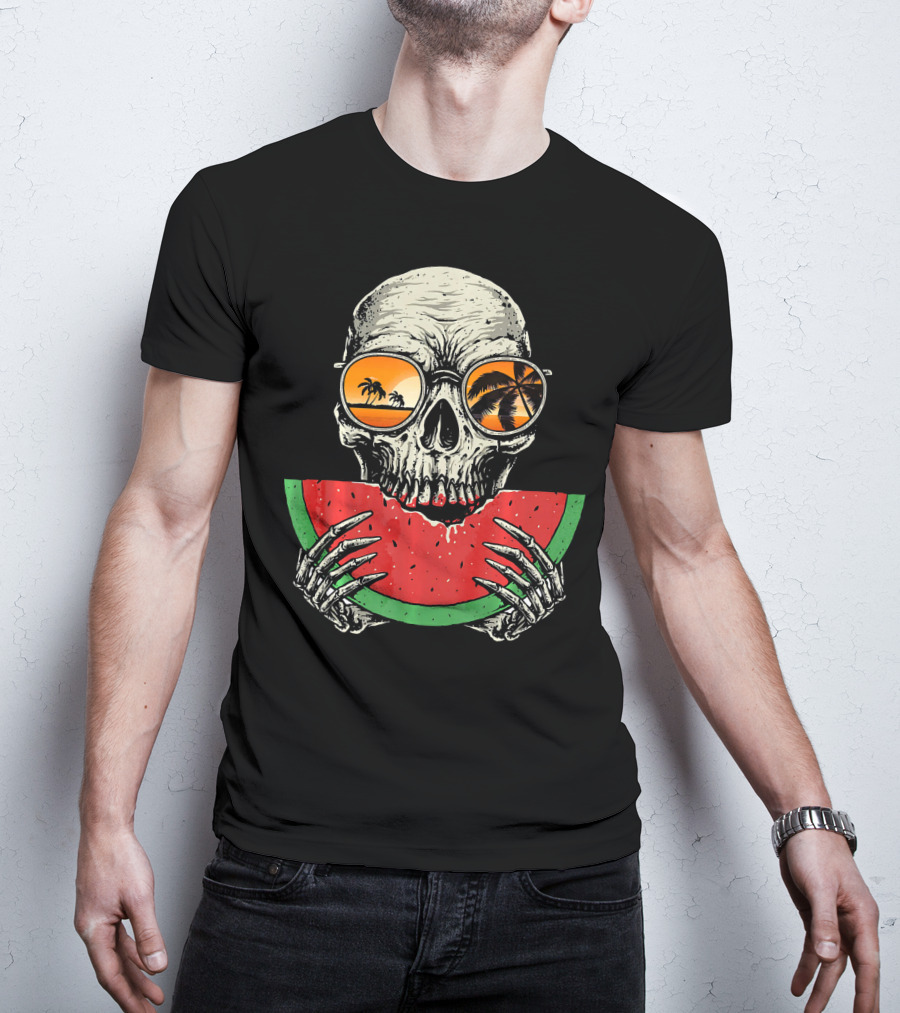 Watermelon Skull Wearing Summer Glasses With Beach Reflections T-Shirt