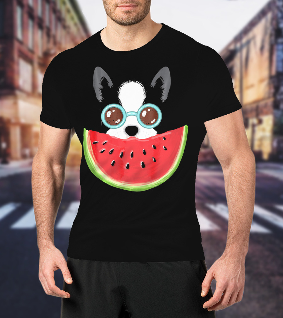 Watermelon Love Funny Boston Terrier With Sunglasses T-Shirt