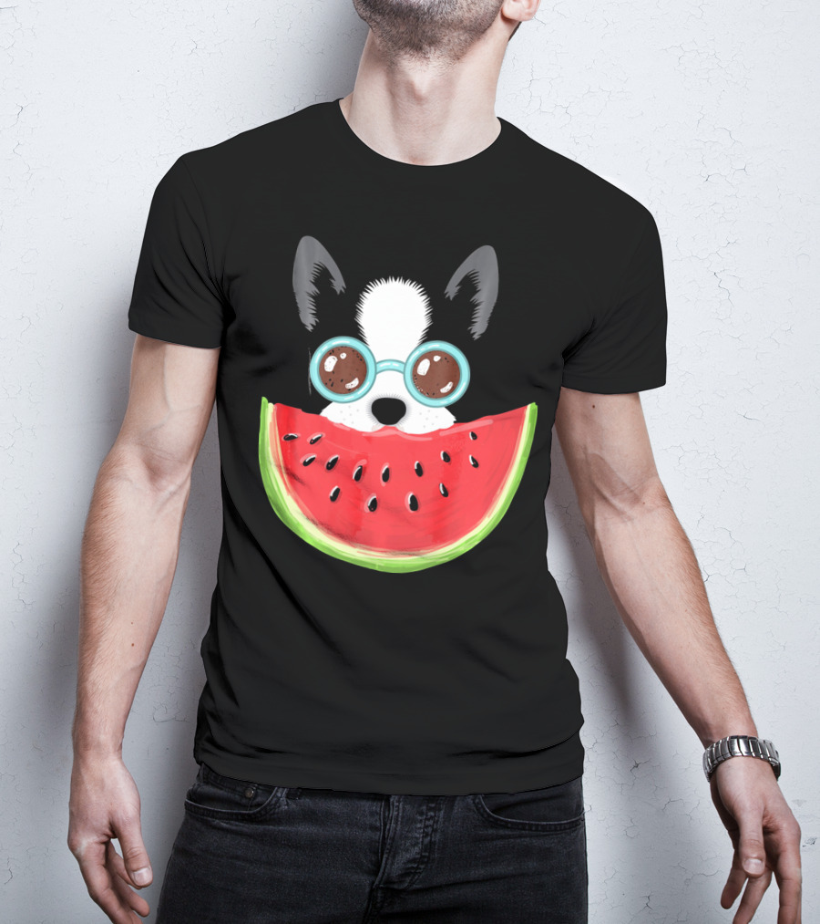 Watermelon Love Funny Boston Terrier With Sunglasses T-Shirt