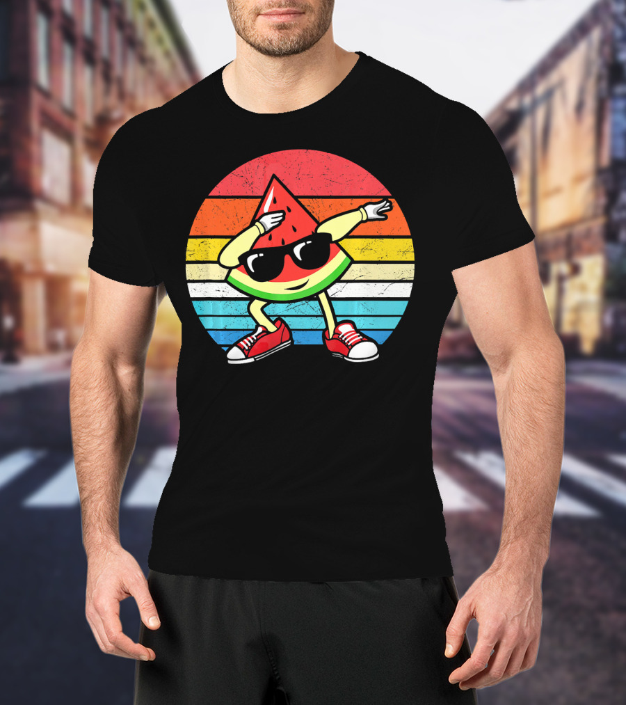 Dabbing Watermelon Vintage Summer Retro Sunset Stripes T-Shirt