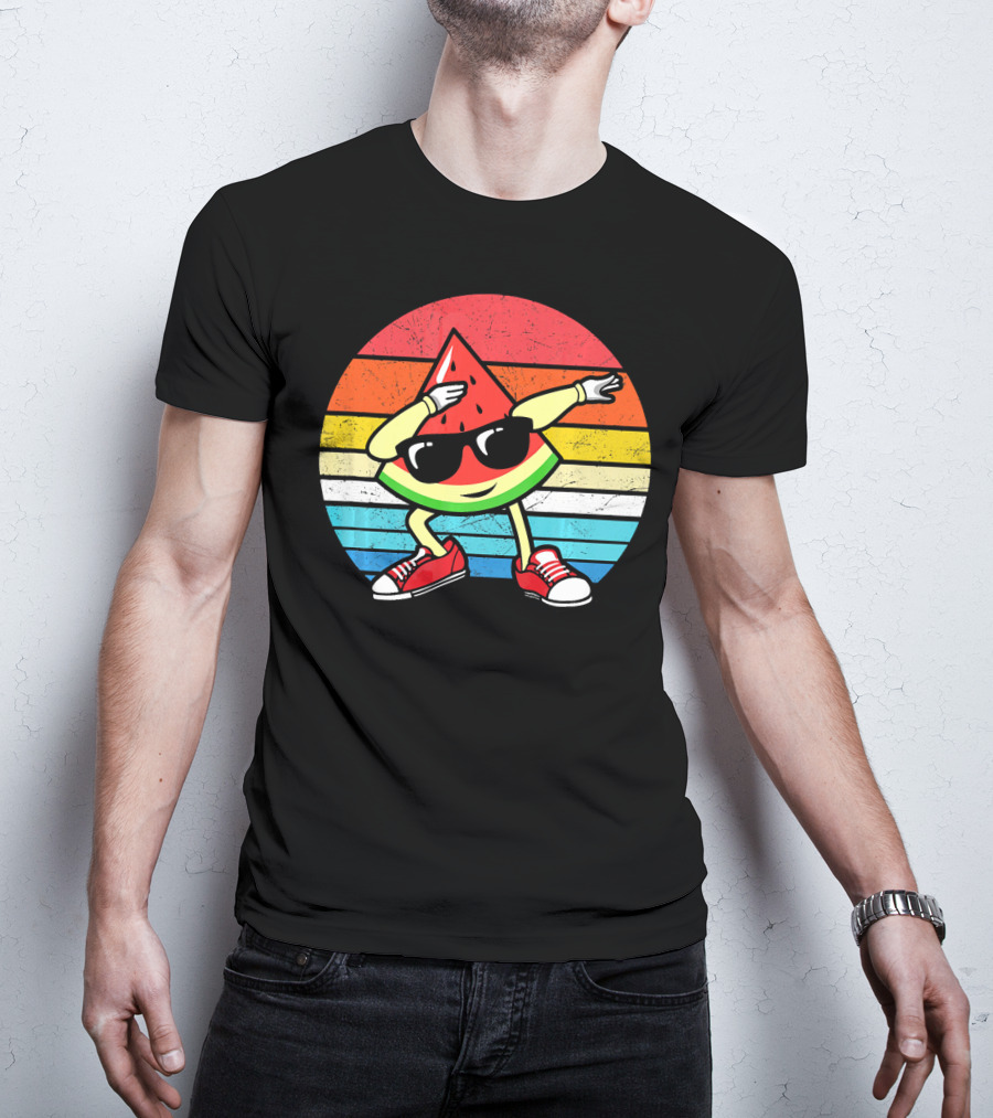 Dabbing Watermelon Vintage Summer Retro Sunset Stripes T-Shirt