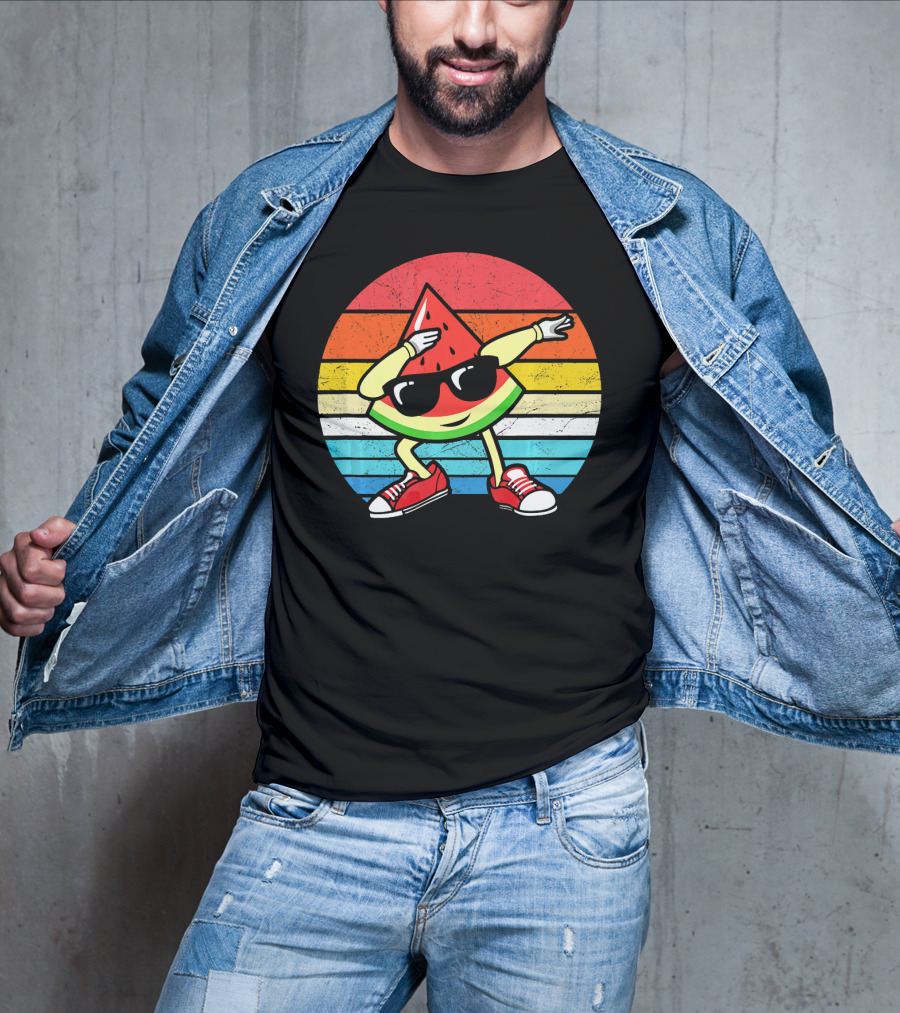 Dabbing Watermelon Vintage Summer Retro Sunset Stripes T-Shirt