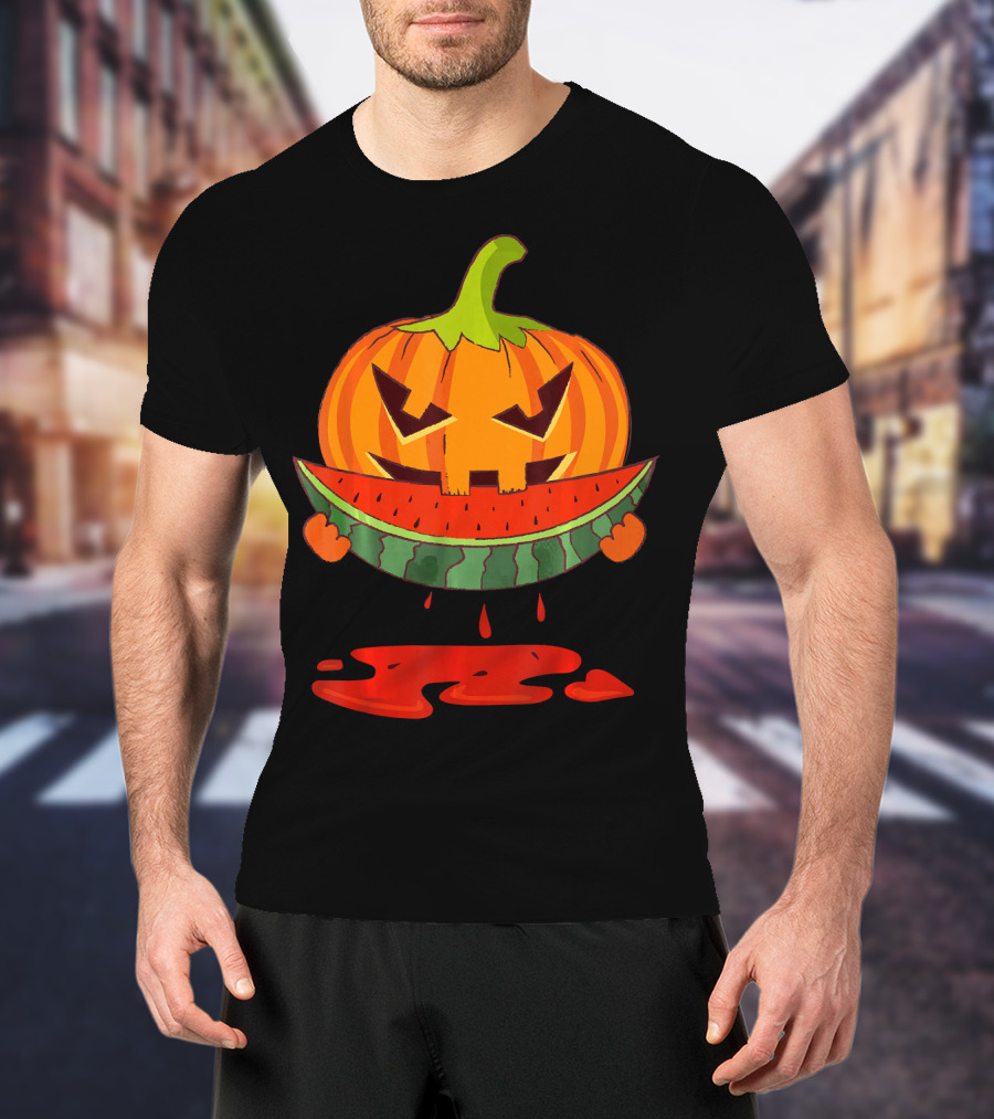 Creepy Pumpkin Devours Juicy Watermelon In Spooky T-Shirt