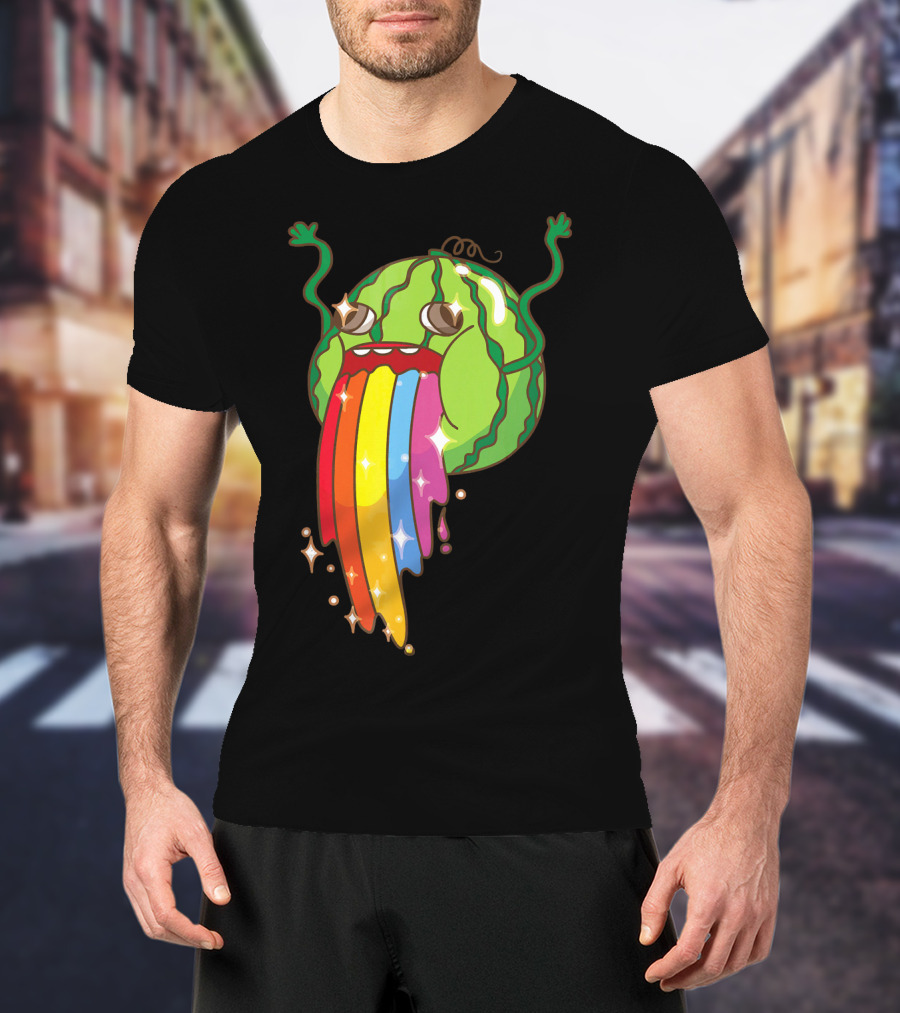 Comic Watermelon Vomits Sparkling Rainbow Streams T-Shirt