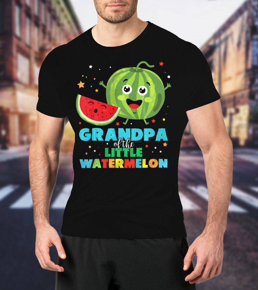 Grandpa Of The Little Watermelon With Happy Cartoon Fruit And Colorful Stars T-Shirt