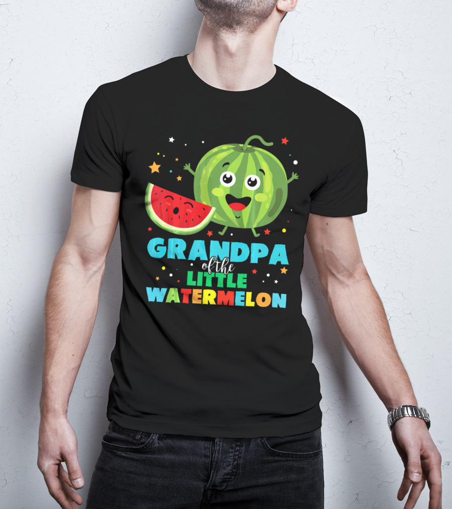 Grandpa Of The Little Watermelon With Happy Cartoon Fruit And Colorful Stars T-Shirt