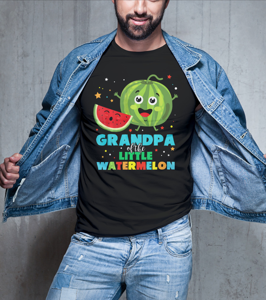 Grandpa Of The Little Watermelon With Happy Cartoon Fruit And Colorful Stars T-Shirt