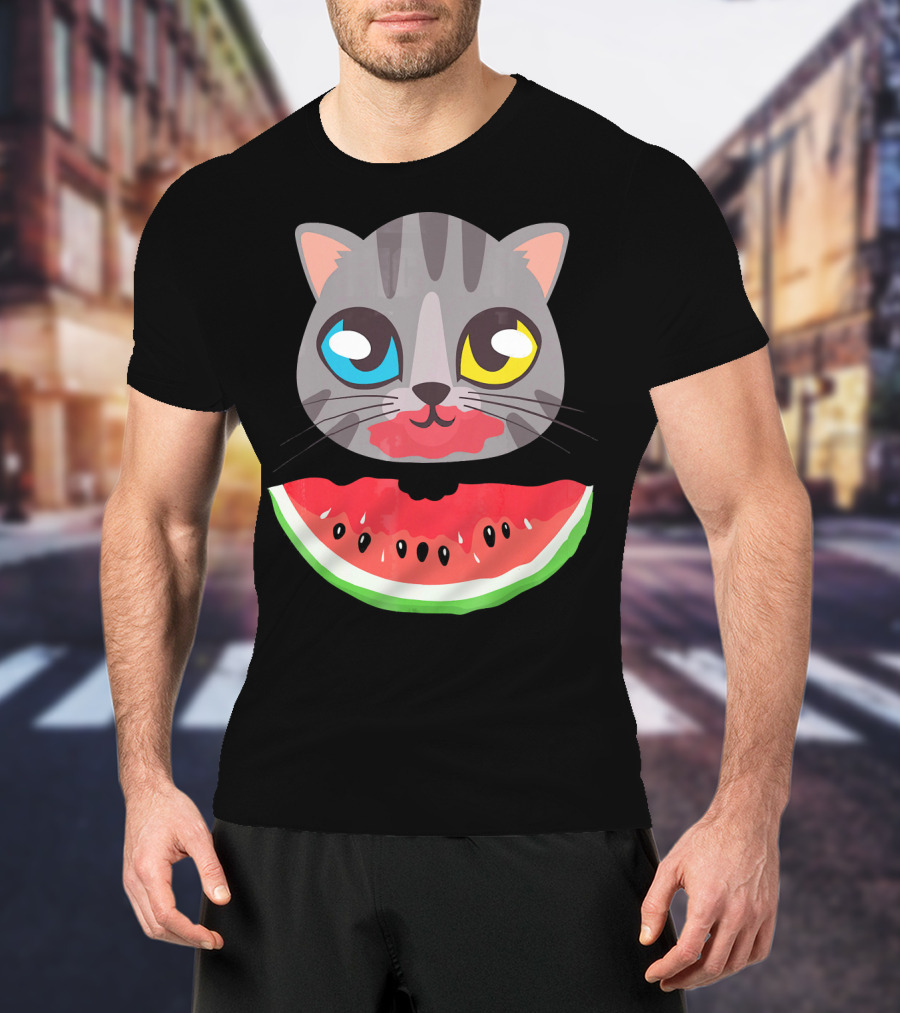 Watermelon Cat Funny Cat With Dual-Colored Eyes And Watermelon Slice T-Shirt