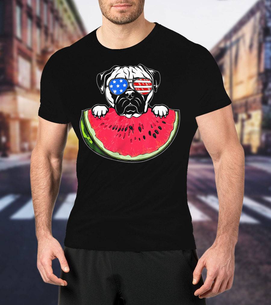 Funny Watermelon Day Pug American Flag Glasses T-Shirt
