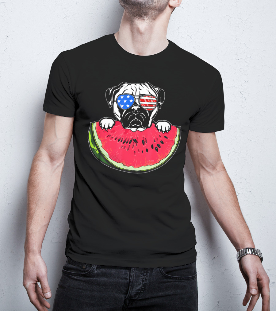 Funny Watermelon Day Pug American Flag Glasses T-Shirt