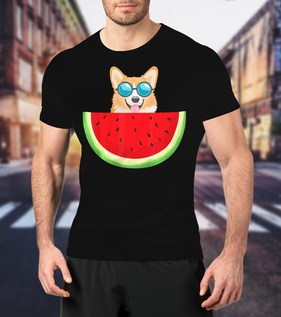 Corgi With Sunglasses And Watermelon Slice Womens T-Shirt