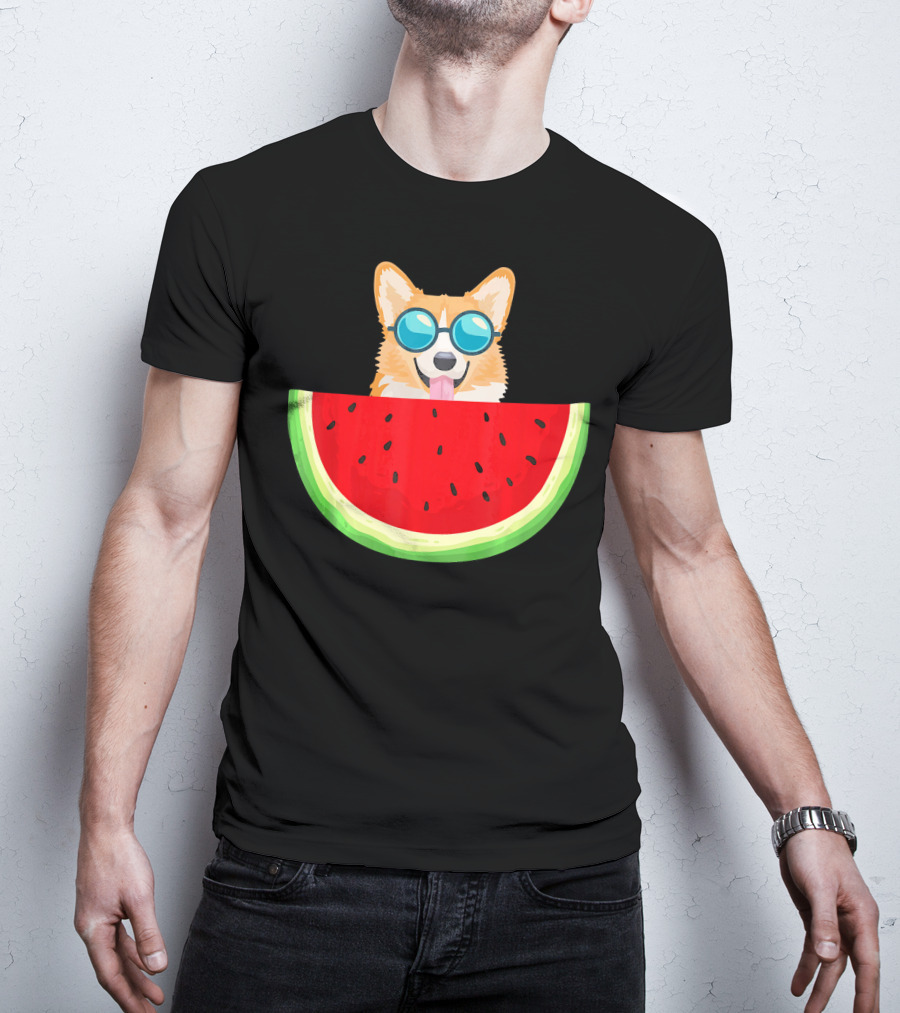 Corgi With Sunglasses And Watermelon Slice Womens T-Shirt