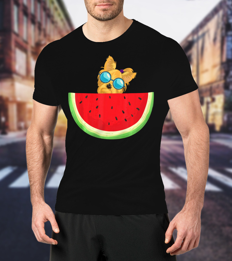 Yorkie Dog With Sunglasses And Watermelon Slice T-Shirt