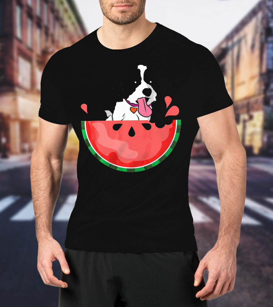 Shih Tzu Sitting In Watermelon Slice With Heart Collar Summer Fun T-Shirt