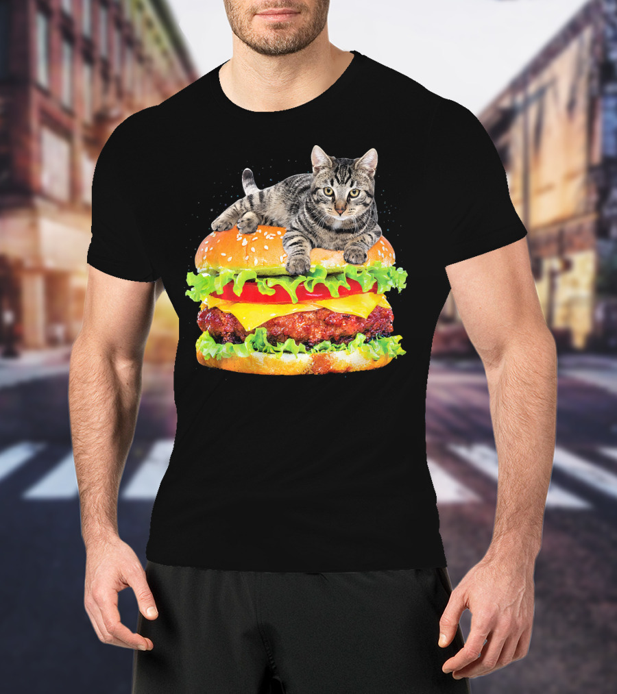 Funny Space Cat On Giant Hamburger T-Shirt