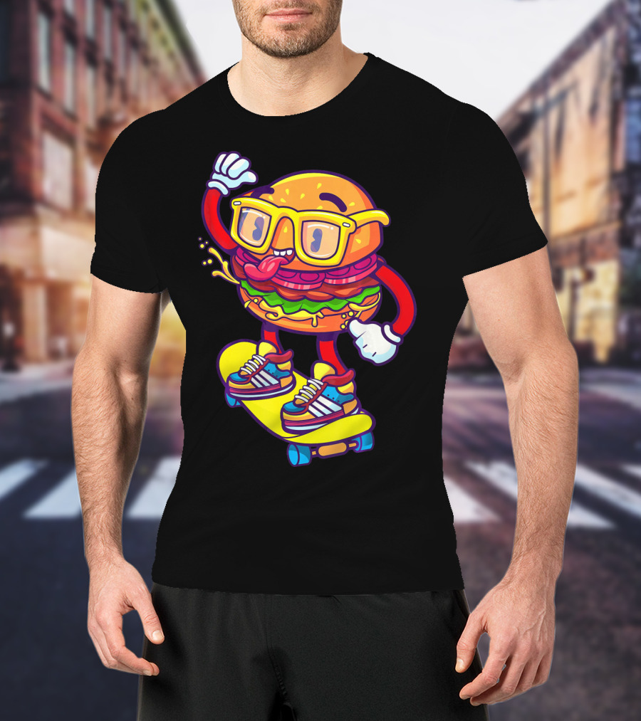 Skateboarding Cheeseburger Cartoon With Glasses And Sneakers T-Shirt