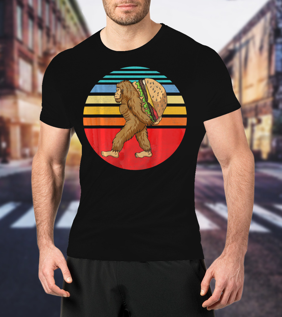 Vintage Bigfoot Carrying Hamburger Retro Stripes T-Shirt