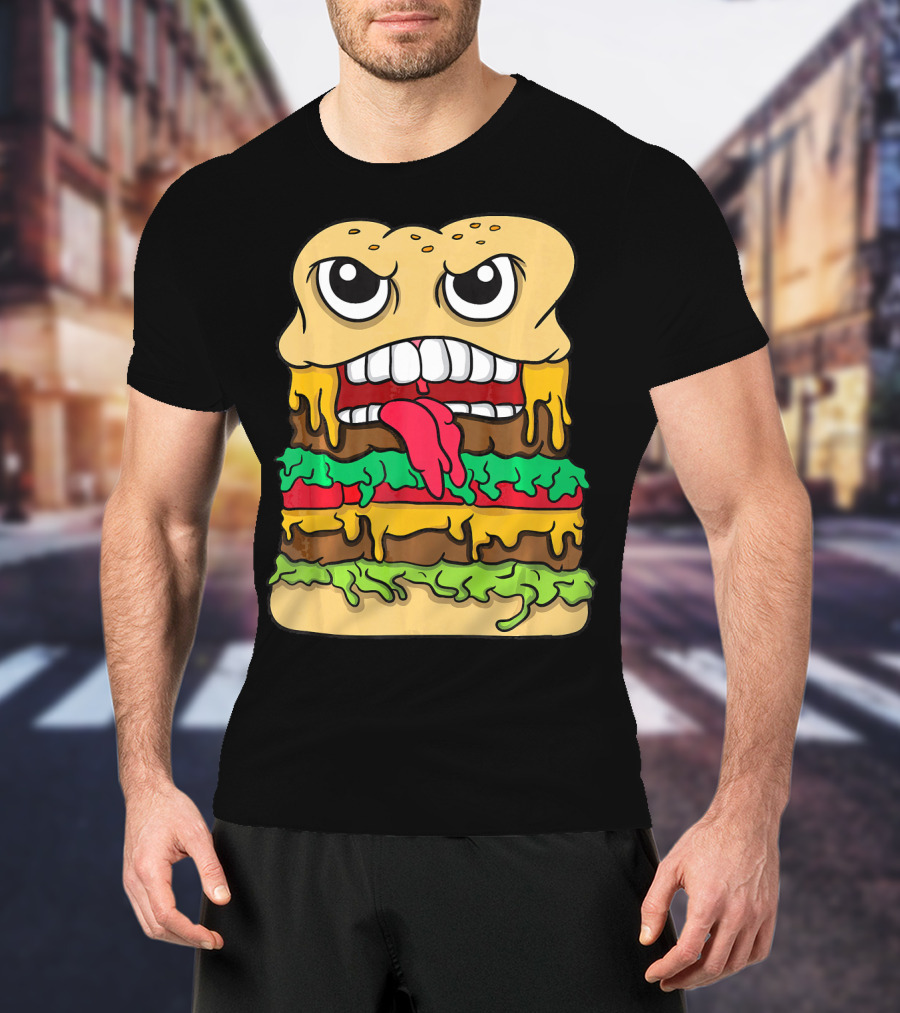 Burger Hamburger Cheeseburger Face With Tongue Out Lettuce And Cheese Layers T-Shirt