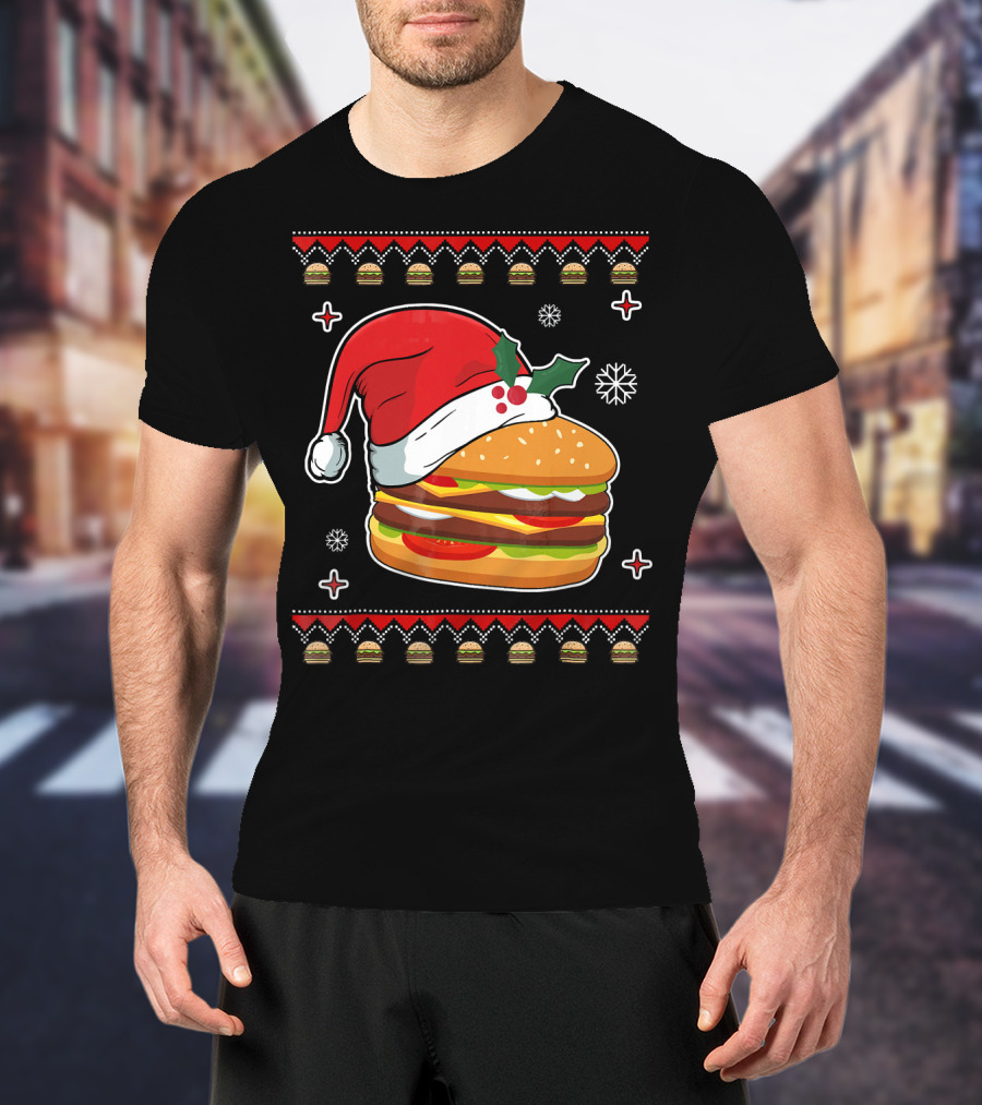 Santa Hat Hamburger Christmas Ugly T-Shirt