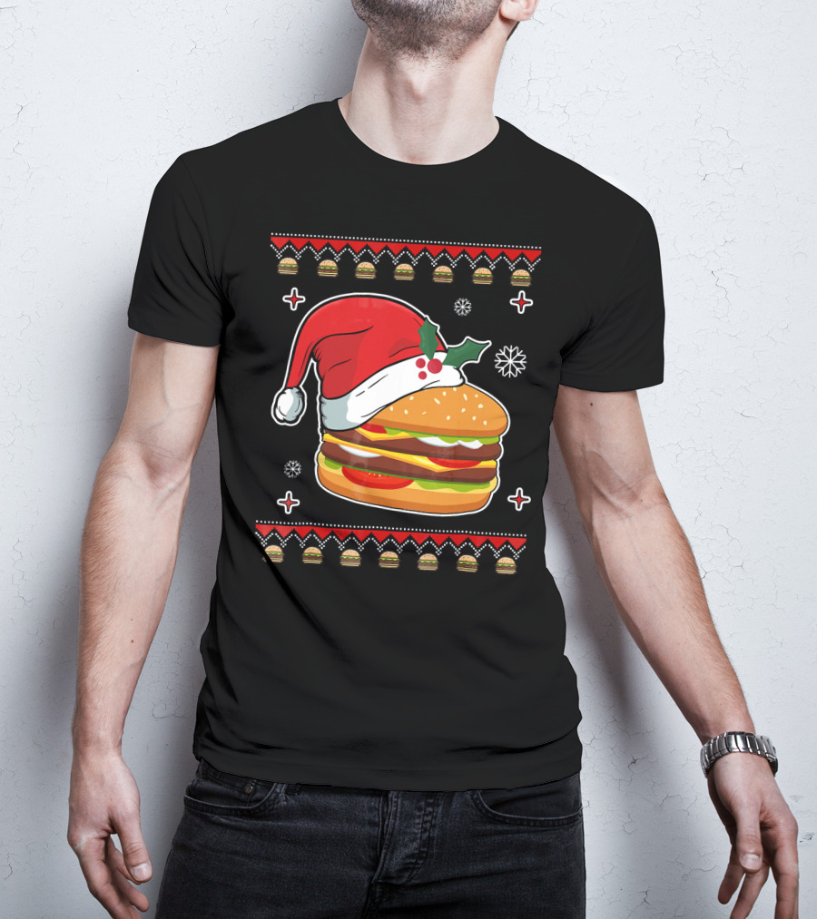 Santa Hat Hamburger Christmas Ugly T-Shirt