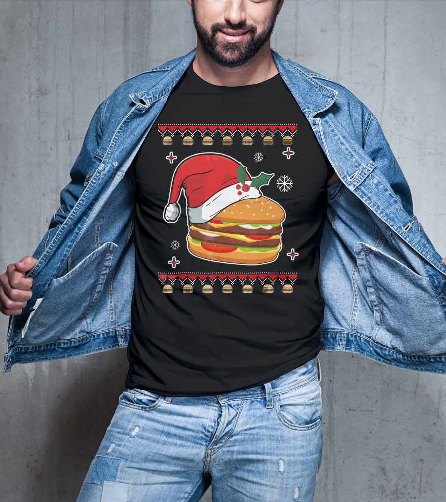 Santa Hat Hamburger Christmas Ugly T-Shirt
