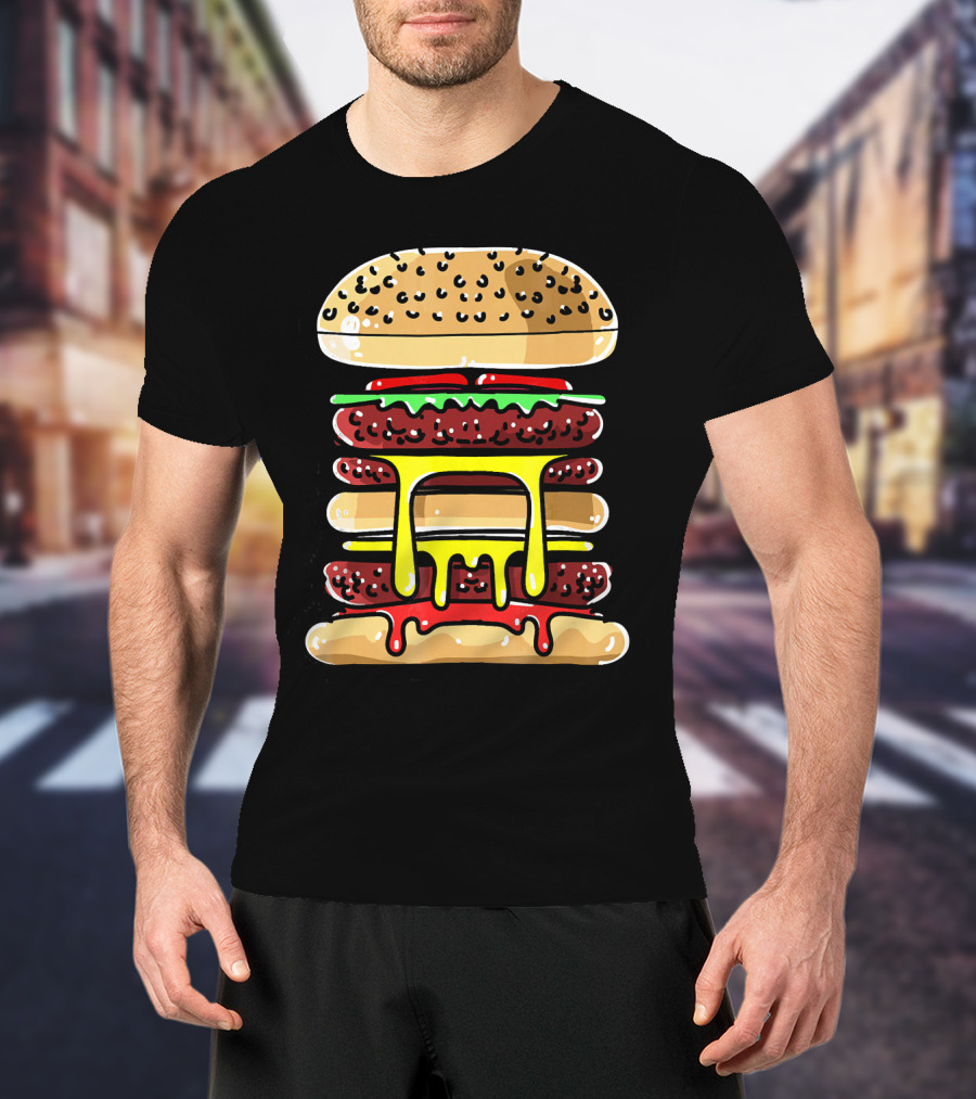 Hamburger Cheeseburger Layered Dripping Fast Food Comic T-Shirt