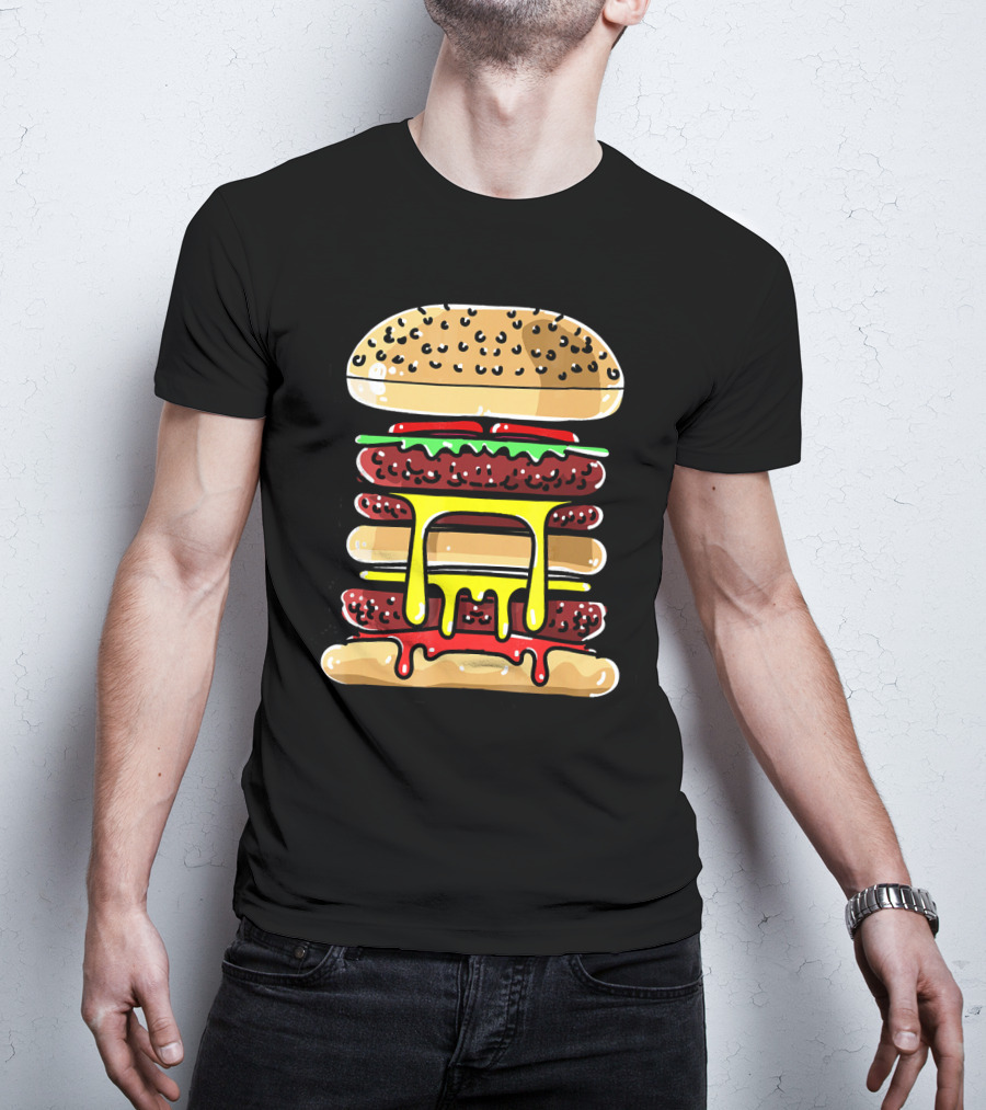 Hamburger Cheeseburger Layered Dripping Fast Food Comic T-Shirt