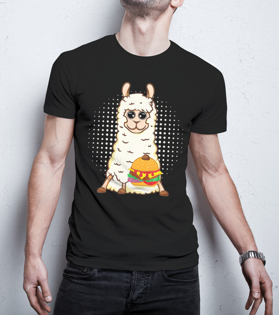 Llama Surprise Funny Sitting With Giant Burger T-Shirt
