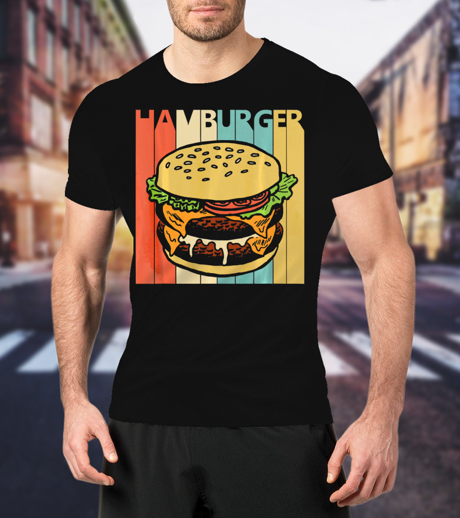 Vintage Retro Hamburger Rainbow Stripe Background T-Shirt