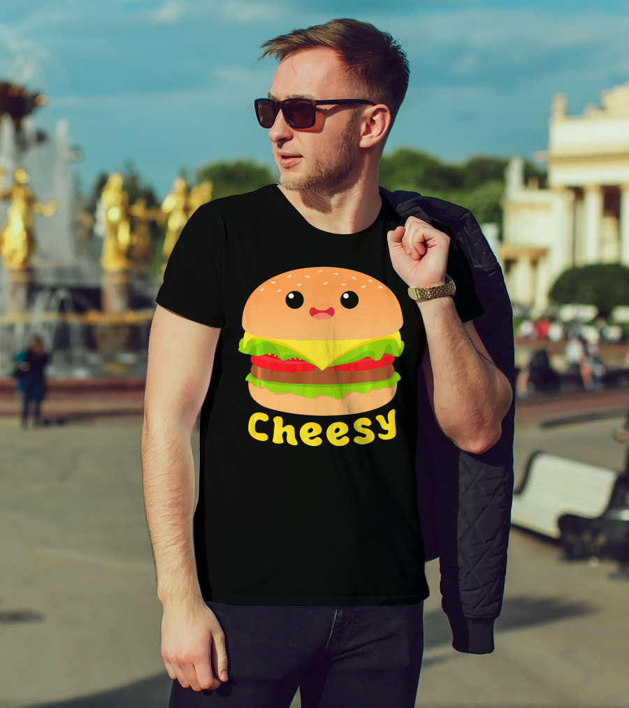 Cheesy Cute Funny Cheese Burger Food Pun Adorable Smiling Burger T-Shirt
