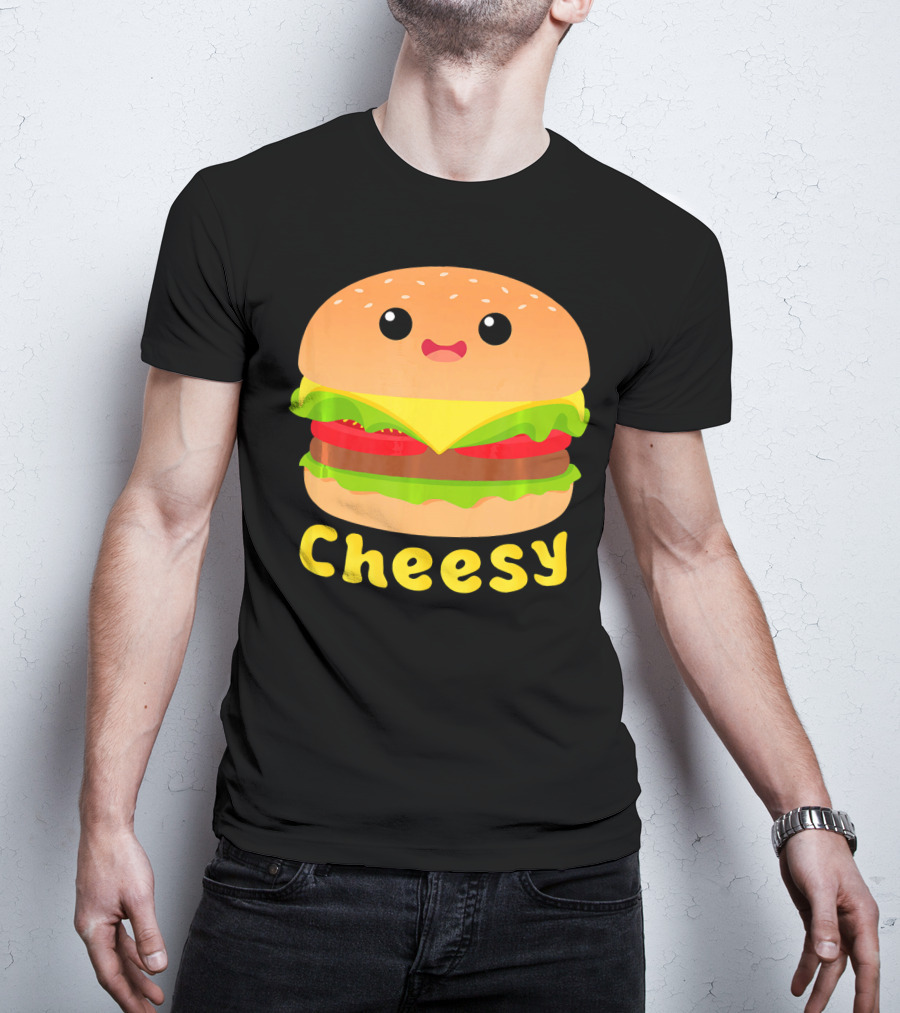 Cheesy Cute Funny Cheese Burger Food Pun Adorable Smiling Burger T-Shirt
