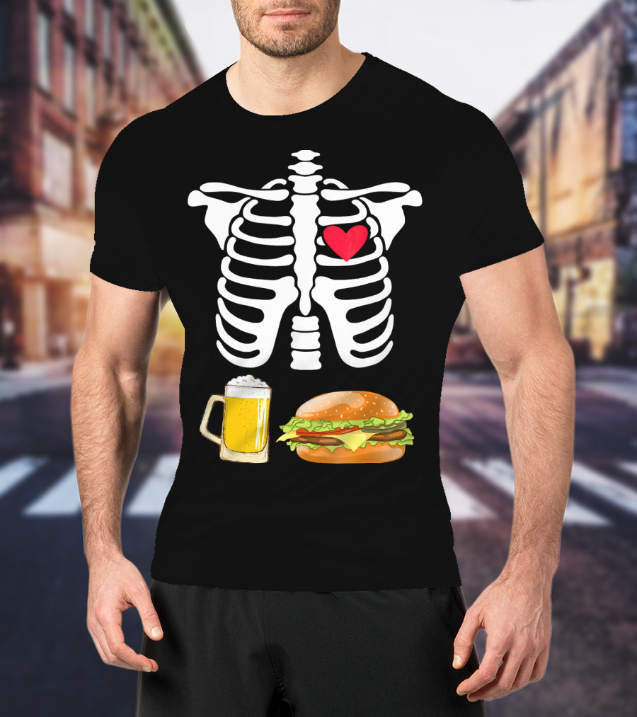 Beer And Burger Heart Ribcage Skeleton T-Shirt
