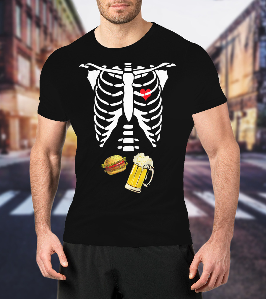 Beer Hamburger Skeleton Ribcage Heart T-Shirt