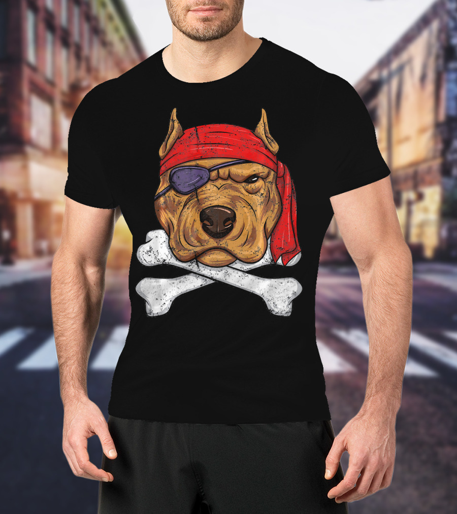 Vintage Pirate Dog Funny Puppy Crossbones Eyepatch Red Bandana T-Shirt