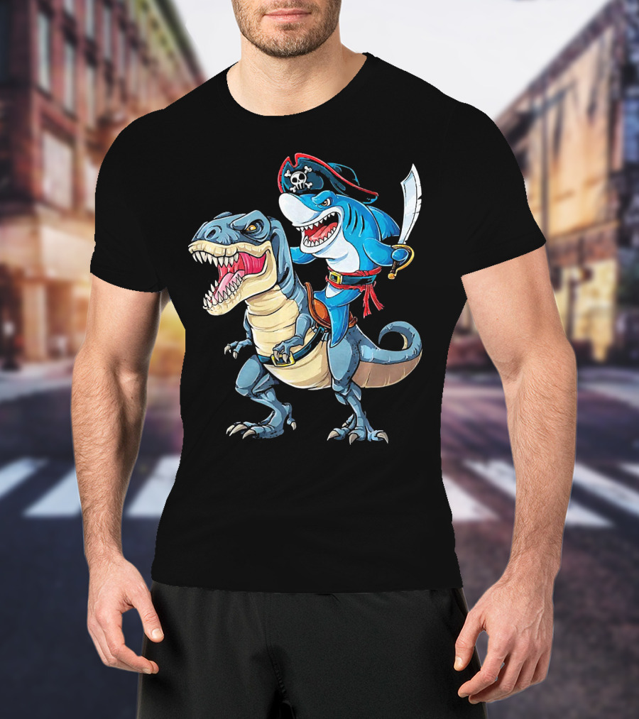 Pirate Shark Wielding Sword Riding Rex Dinosaur T-Shirt