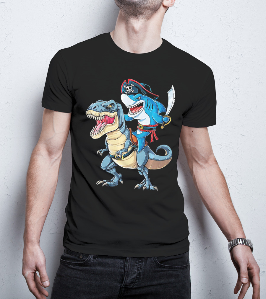 Pirate Shark Wielding Sword Riding Rex Dinosaur T-Shirt