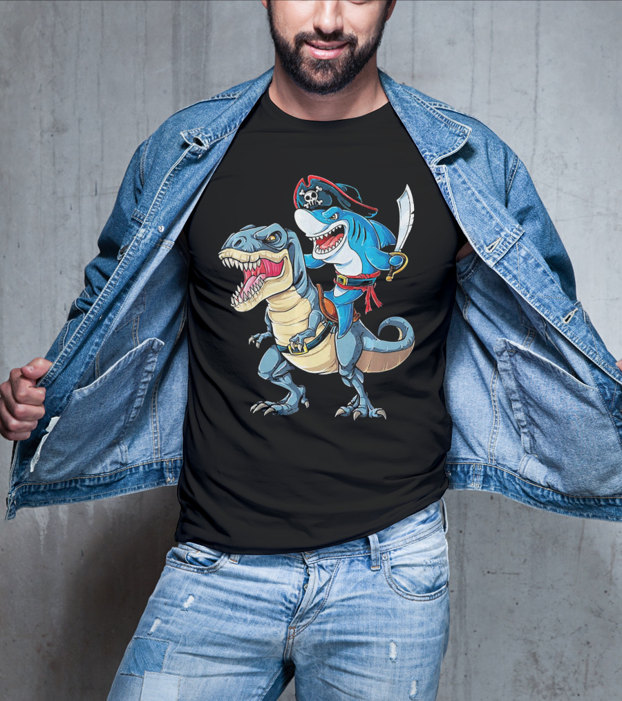 Pirate Shark Wielding Sword Riding Rex Dinosaur T-Shirt