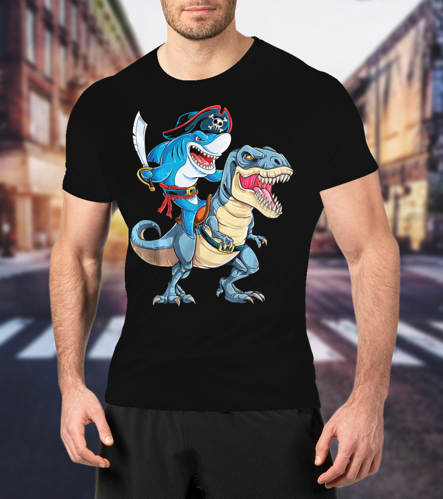 Pirate Shark Riding A Dinosaur T-Rex Jaws T-Shirt