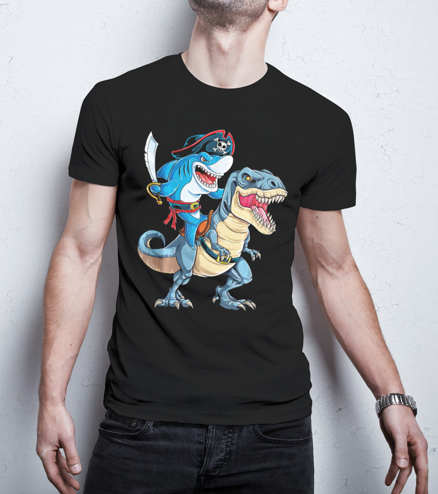 Pirate Shark Riding A Dinosaur T-Rex Jaws T-Shirt