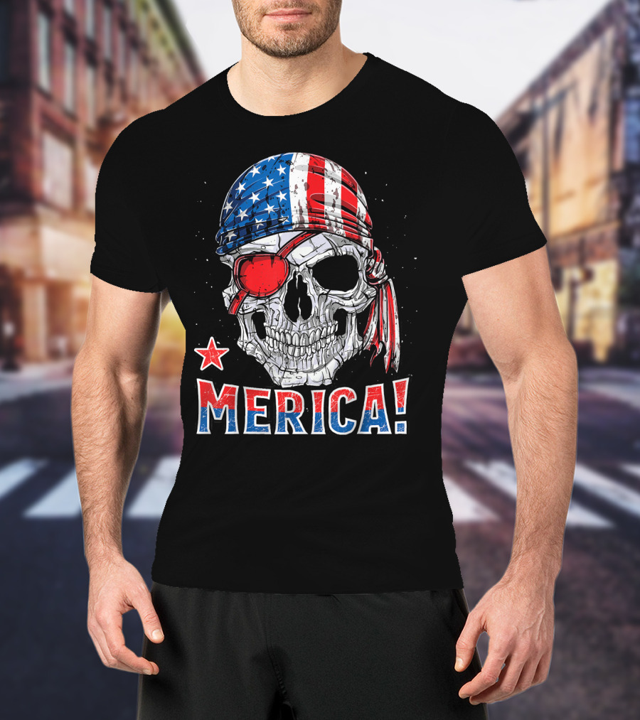 Merica Pirate Skull With American Flag Bandana And Red Eyepatch T-Shirt