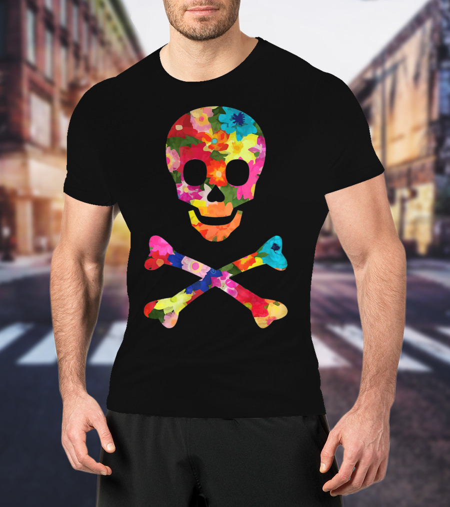 Flower Skull And Crossbones Funky Pirate Multicolor Floral T-Shirt