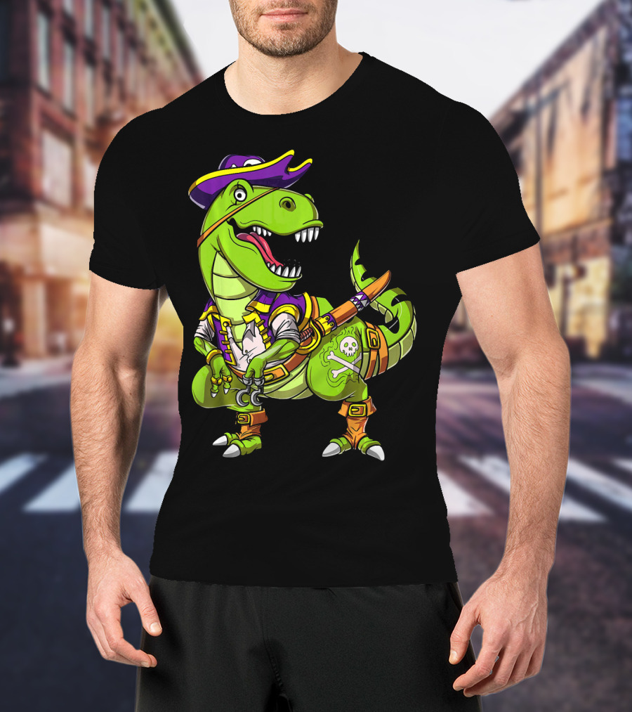 T Rex Dinosaur Pirate Captain With Hat And Hook In Green And Purple T-Shirt