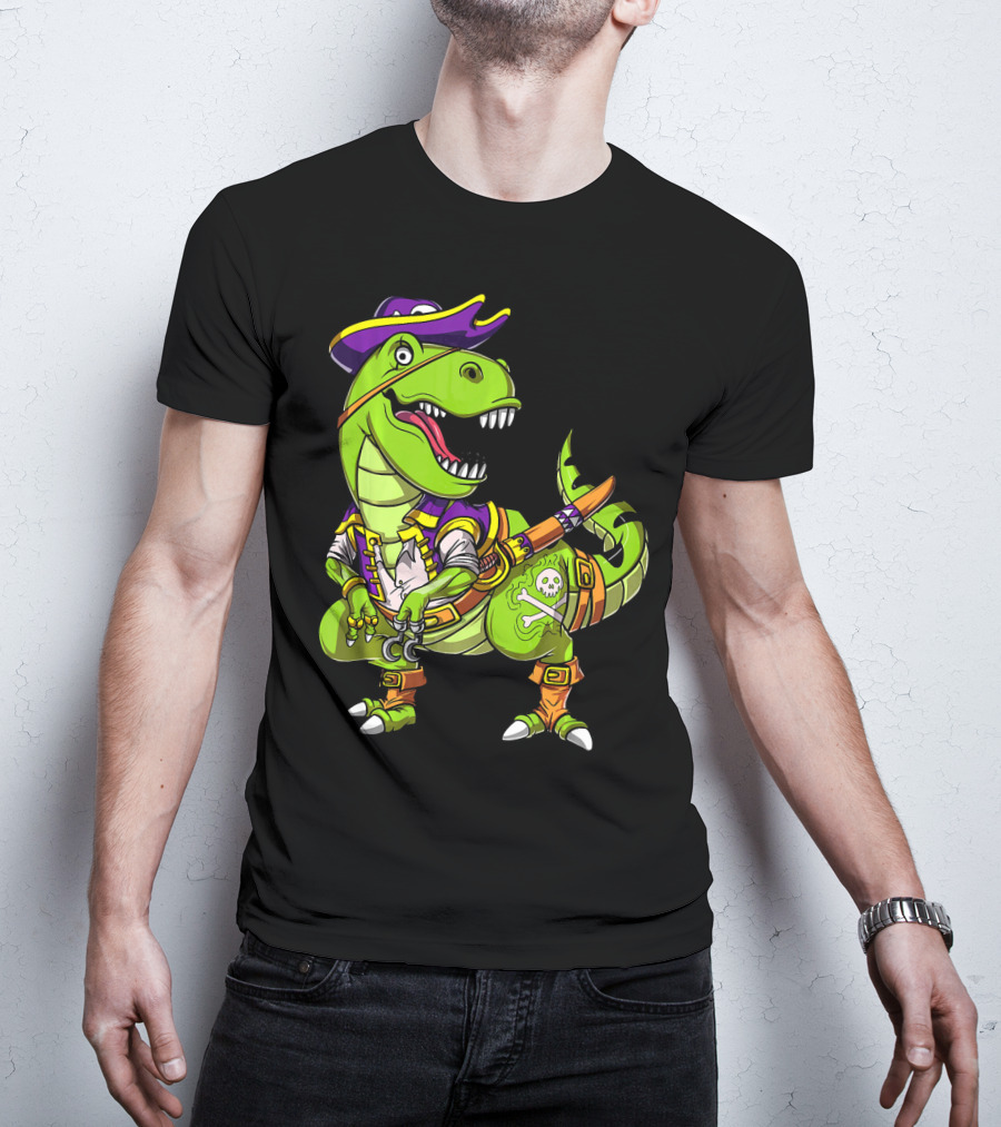 T Rex Dinosaur Pirate Captain With Hat And Hook In Green And Purple T-Shirt