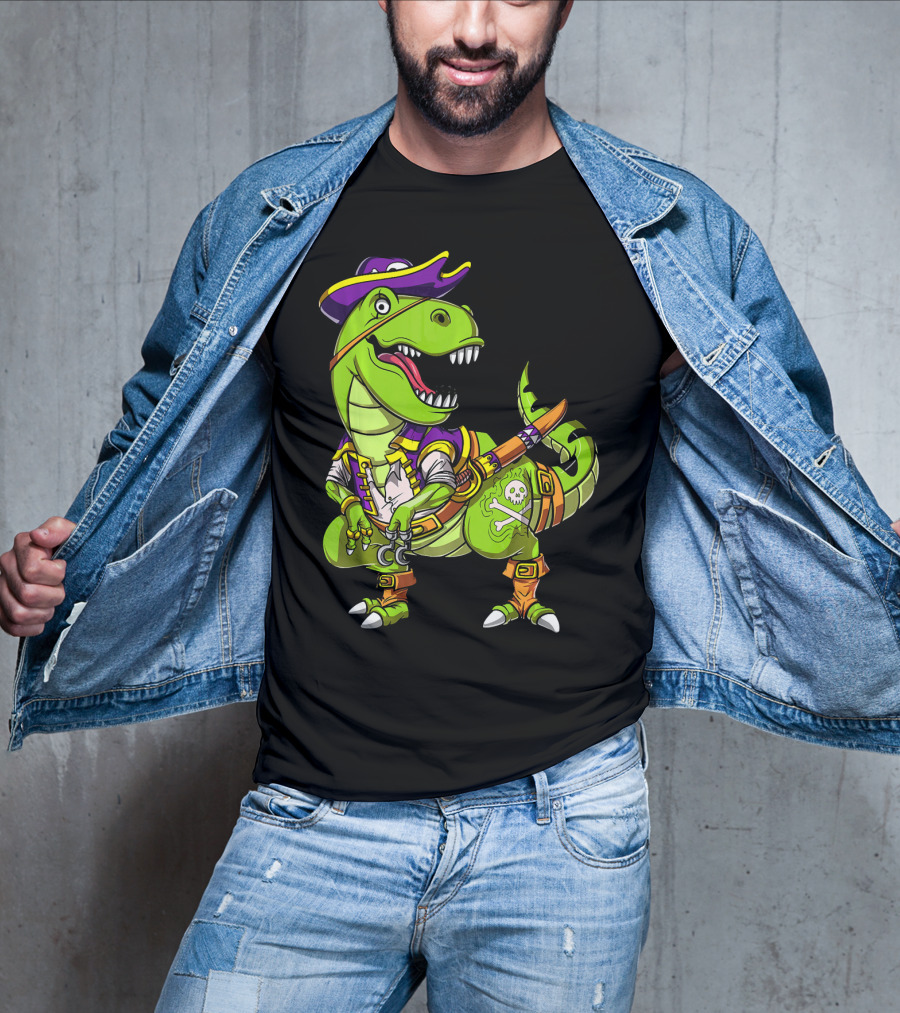 T Rex Dinosaur Pirate Captain With Hat And Hook In Green And Purple T-Shirt
